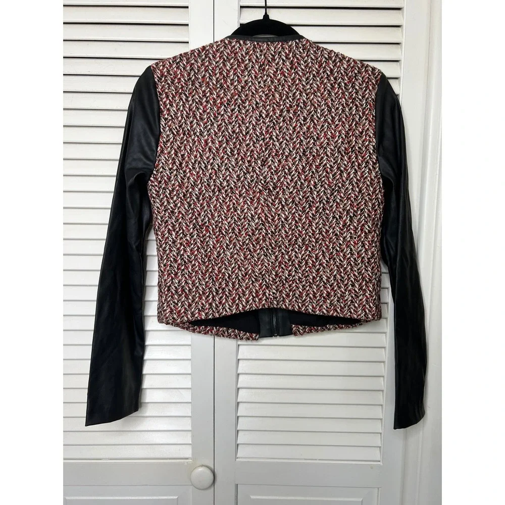 BCBG MAX AZRIA Tweed Jacket Faux Leather Sleeves Womens XS Red Black Zip